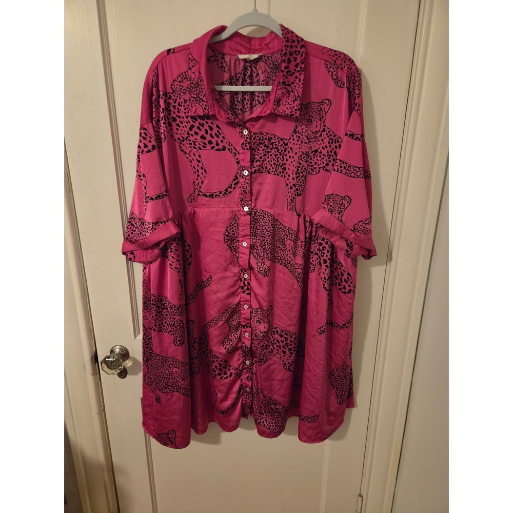 Entro Hot Pink Leopard Satin Babydoll Dress Button Down Oversized 1X Animal